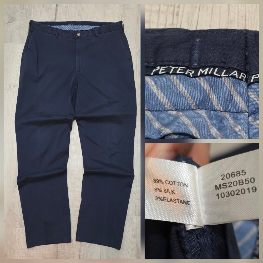 Peter Millar Crown Soft Pants Mens 38x32 Navy Blue Cotton Silk Stretch Flat